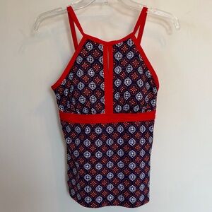Lands End Tankini Swim Top Size 8 Shelf Bra Red Navy Geometric